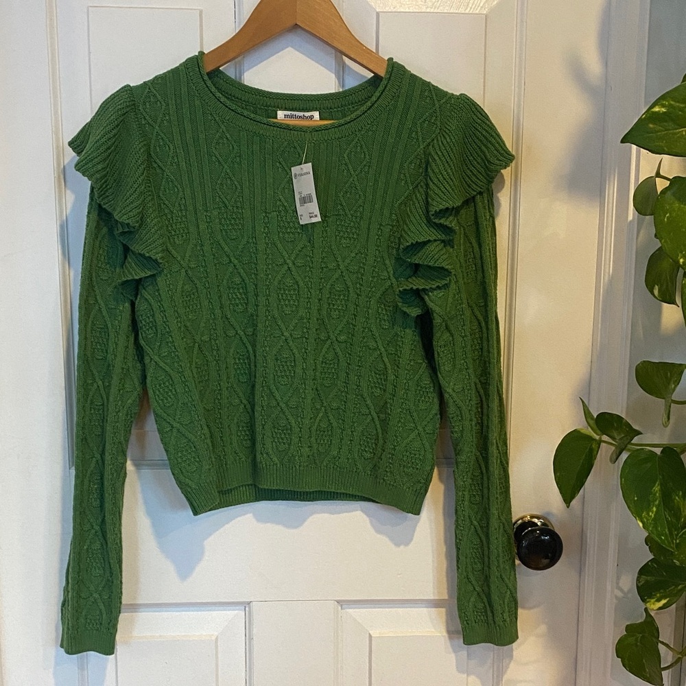 Mittoshop Emerald Green Cableknit Sweater Ruffled Shoulder Feminine
